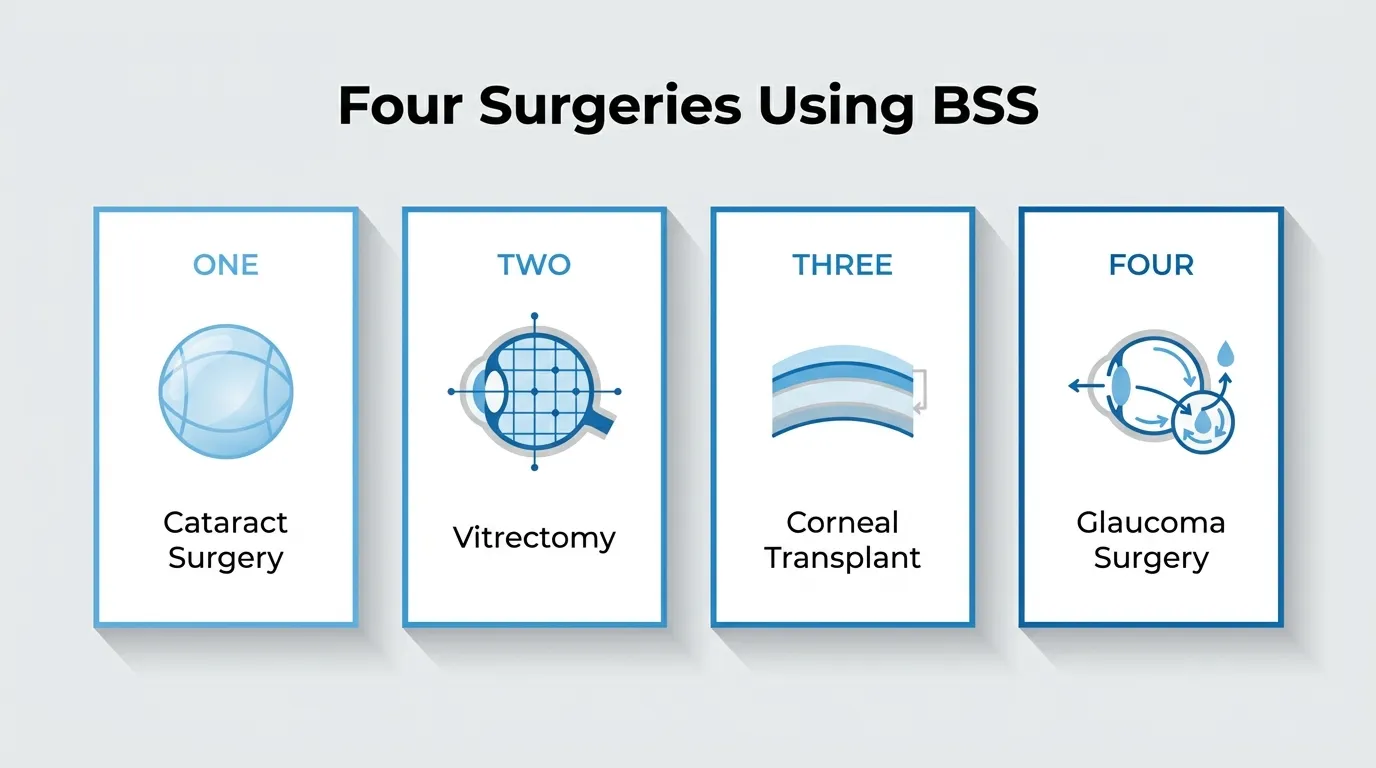 Common eye surgeries that use balanced salt solution, including cataract surgery, vitrectomy, corneal transplant, and glaucoma surgery.