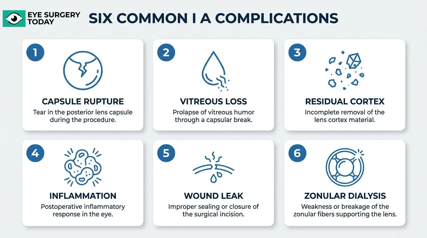 Six common irrigation and aspiration cataract surgery complications, including capsule rupture, vitreous loss, residual cortex, inflammation, wound leak, and zonular dialysis.