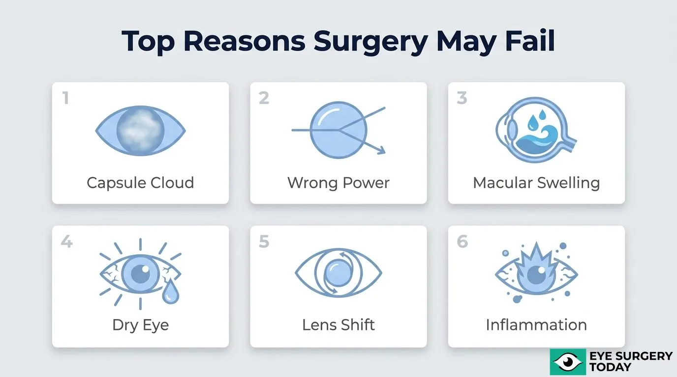 Common reasons for poor vision after cataract surgery, including capsule clouding, incorrect lens power, macular swelling, dry eye, lens shift, and inflammation.