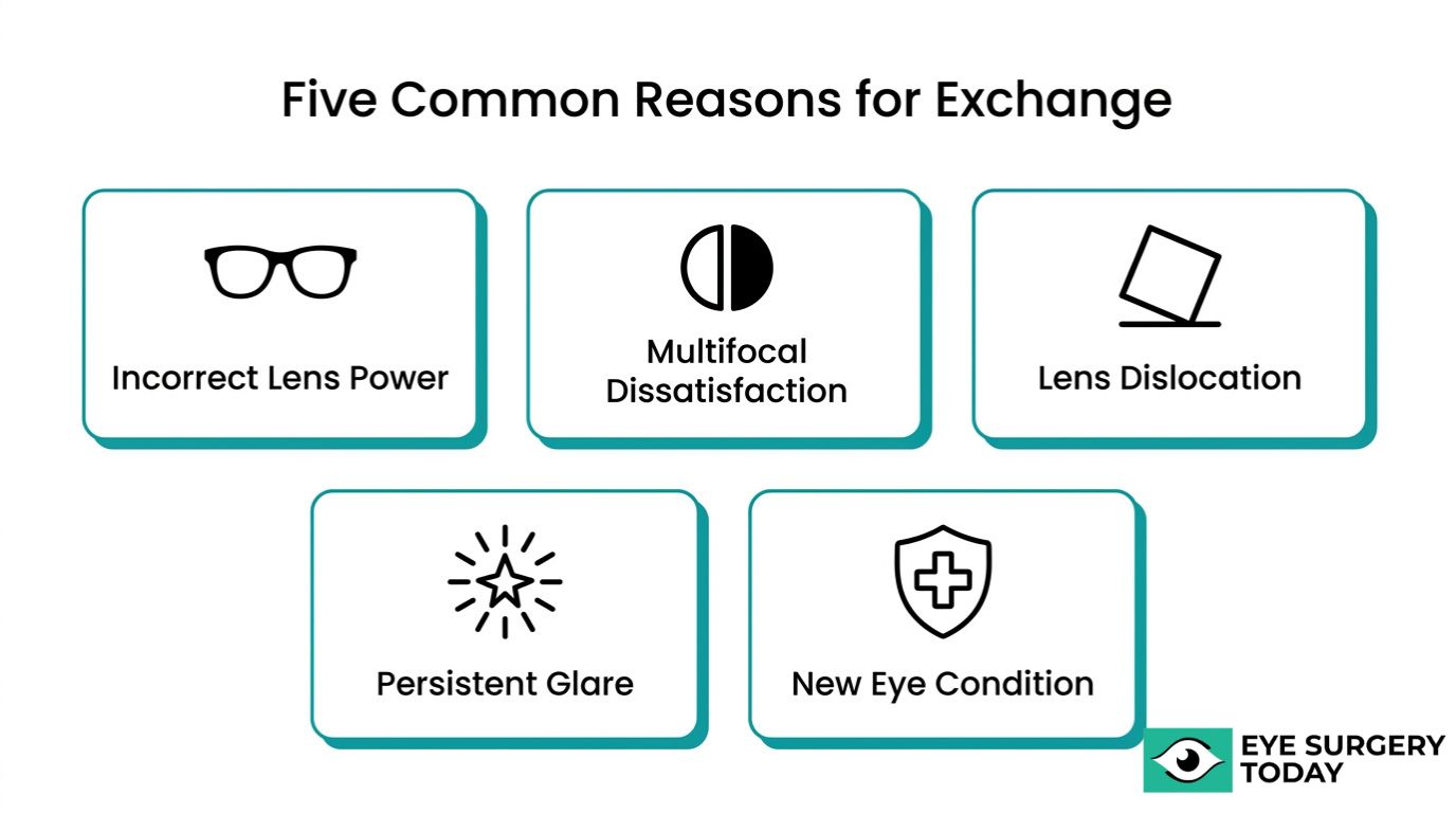 Five common reasons for lens exchange graphic showing incorrect lens power, multifocal dissatisfaction, lens dislocation, persistent glare, and new eye condition.