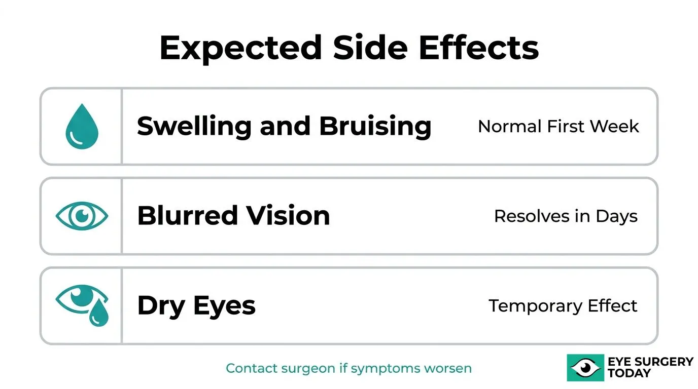 Common temporary side effects after cosmetic eye surgery, including swelling and bruising, blurred vision, and dry eyes.