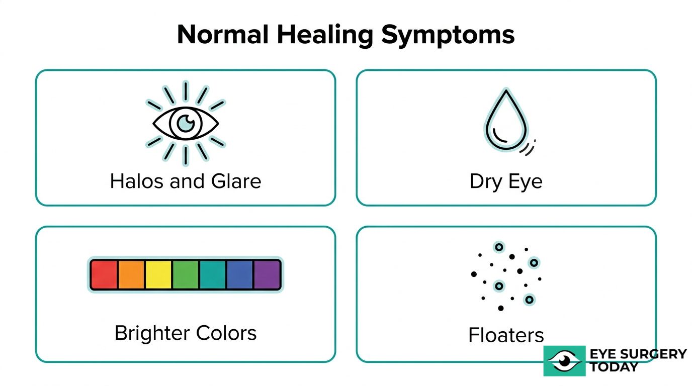 Normal healing symptoms after cataract surgery graphic showing halos and glare, dry eye, brighter colors, and floaters.