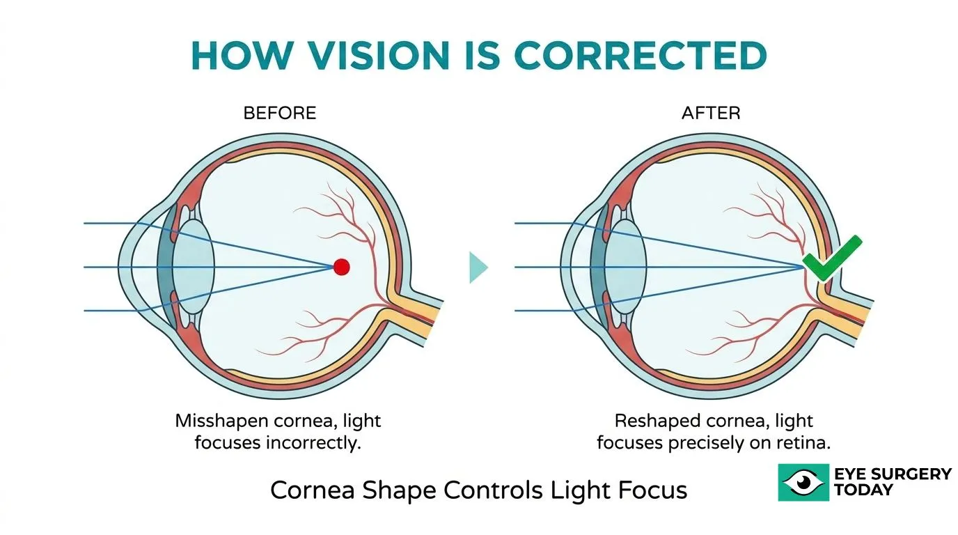 Diagram showing how corneal reshaping during refractive surgery changes light focus on the retina to improve vision.