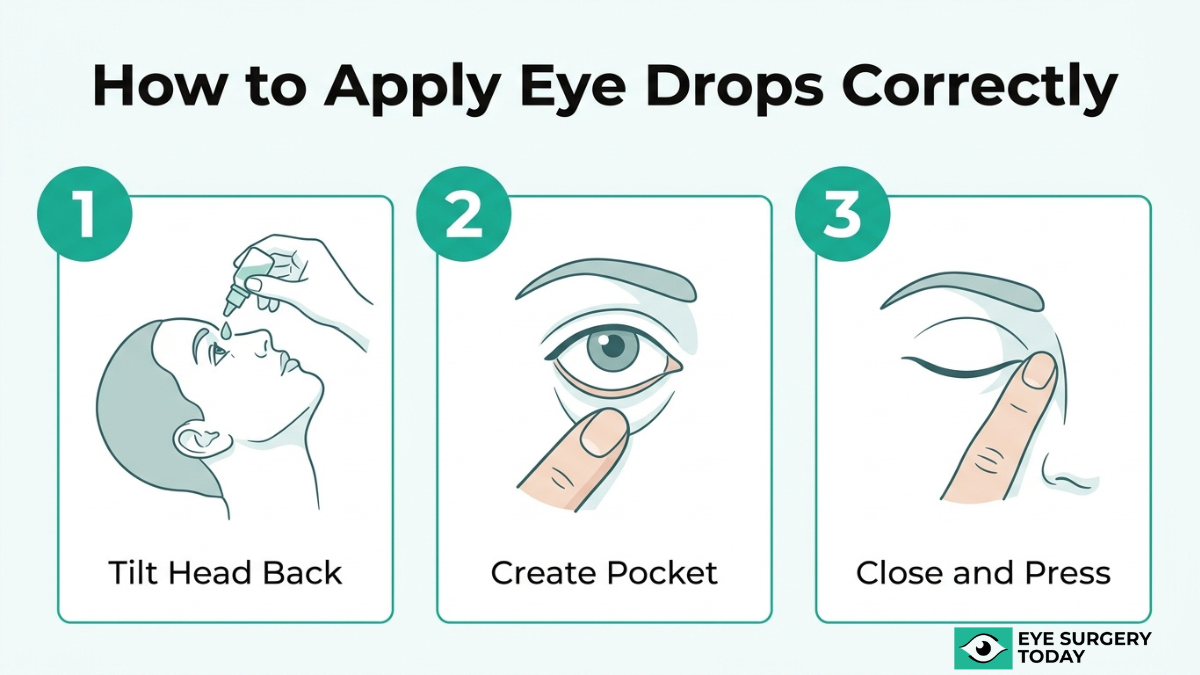 Step by step guide on how to apply eye drops correctly by tilting head back, creating a pocket, and gently pressing the eye