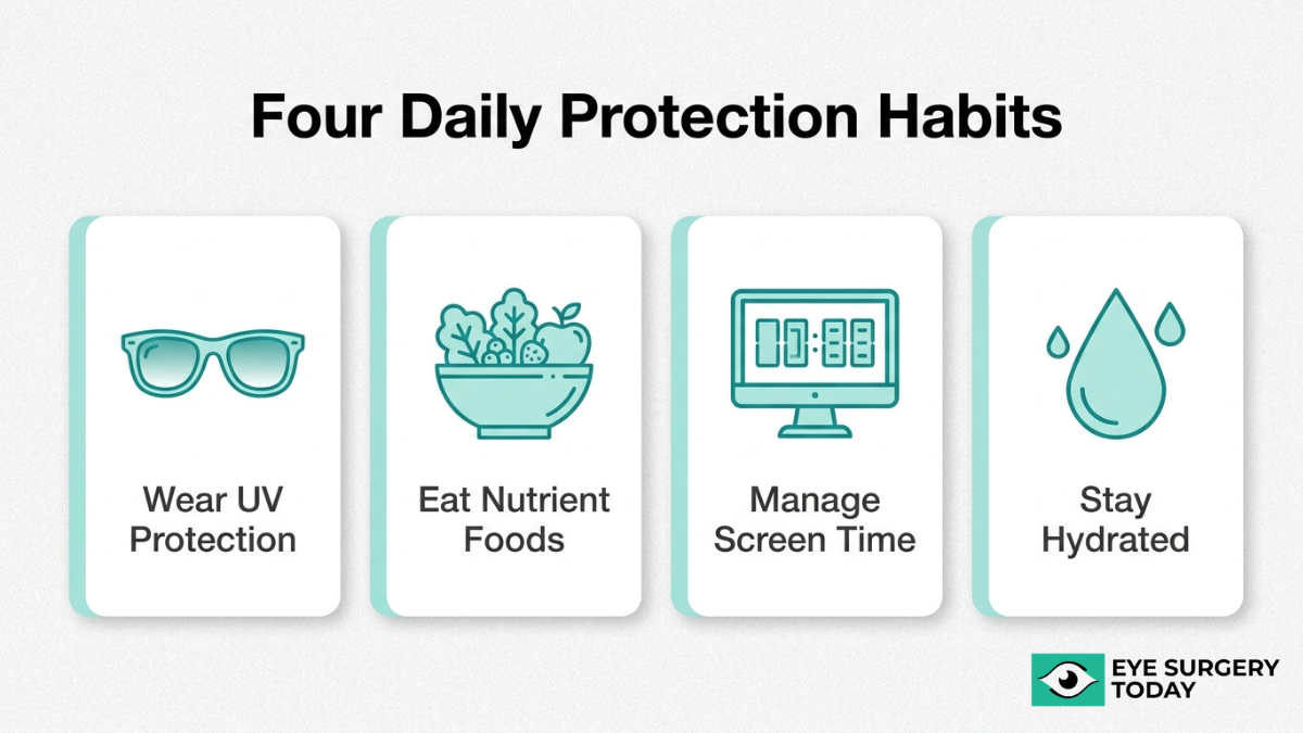 Daily eye care habits after cataract surgery including UV protection, healthy diet, screen management, and hydration