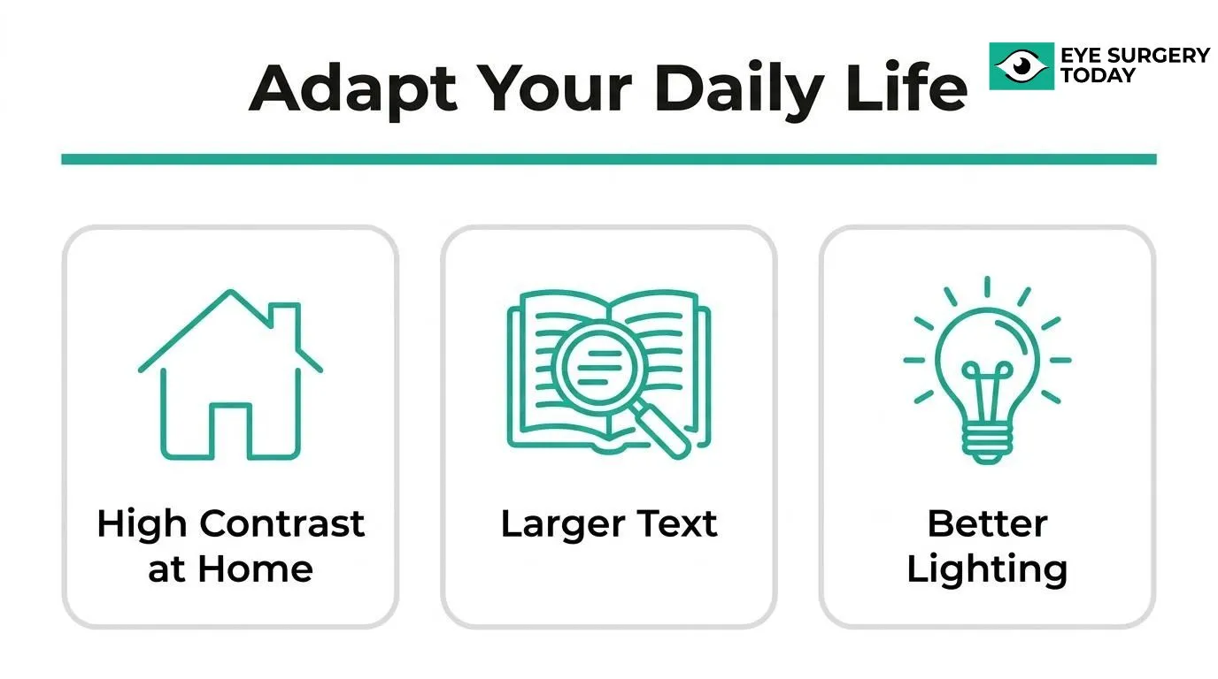 Daily living adaptations for glaucoma including high-contrast surroundings, larger text, and improved home lighting.