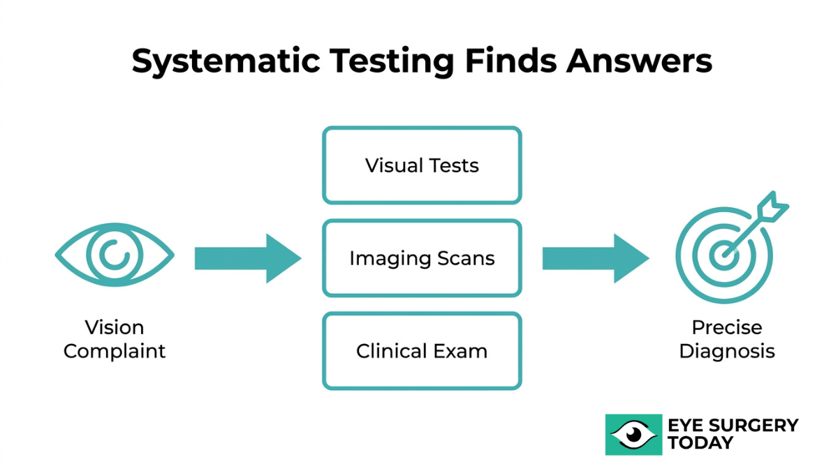 Eye diagnosis process showing visual tests, imaging scans, and clinical exam to identify vision problems after surgery