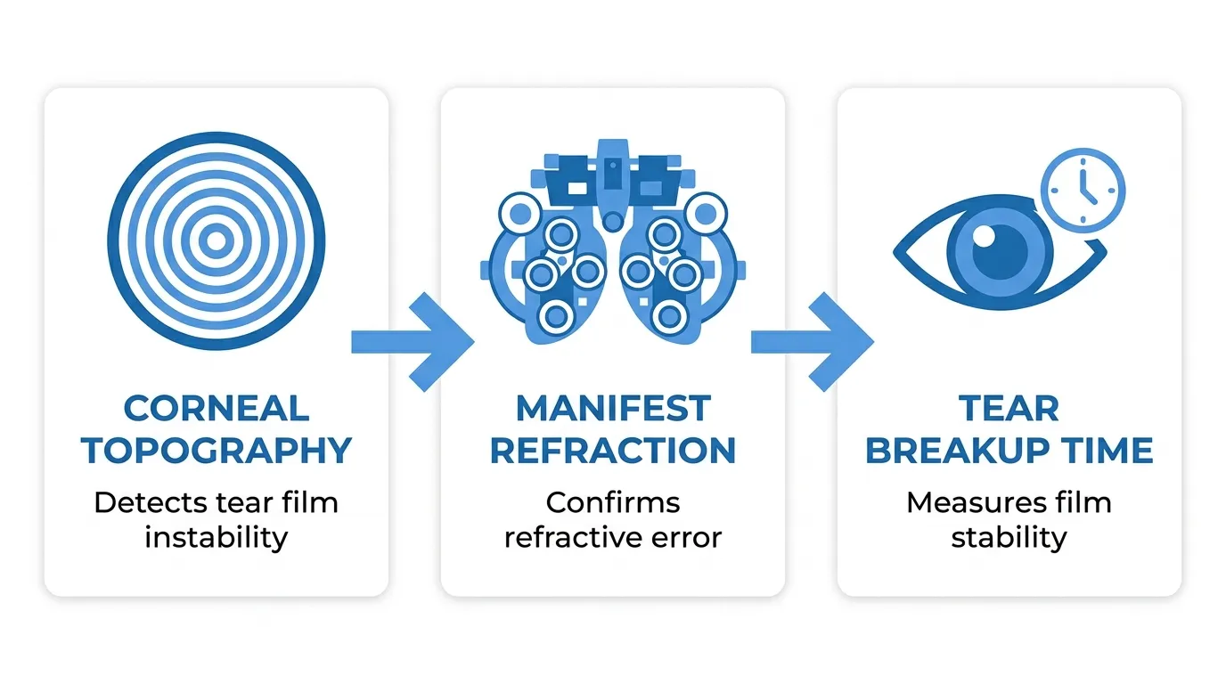Diagnostic tests for dry eye and refractive error, including corneal topography, manifest refraction, and tear breakup time.