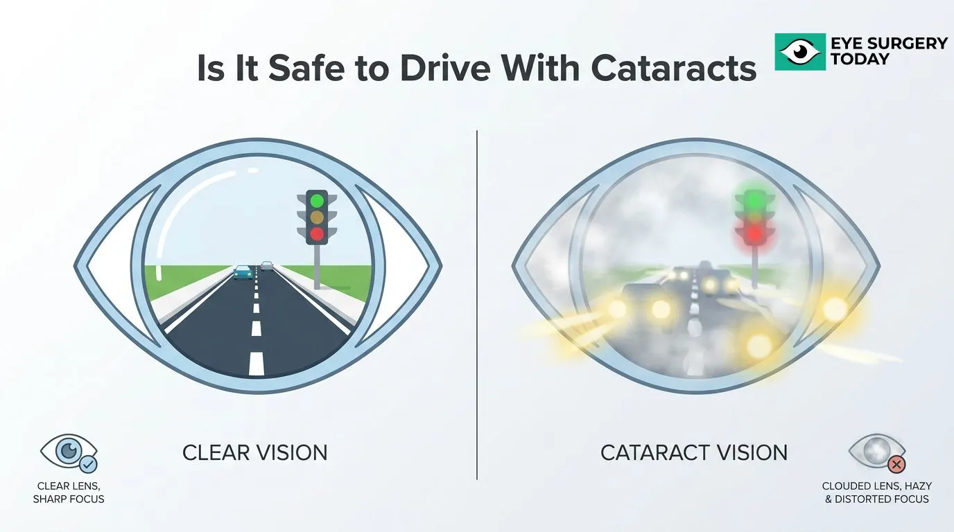 Comparison of clear driving vision and cataract vision, showing blurred focus, glare, and reduced visibility with a cloudy lens.