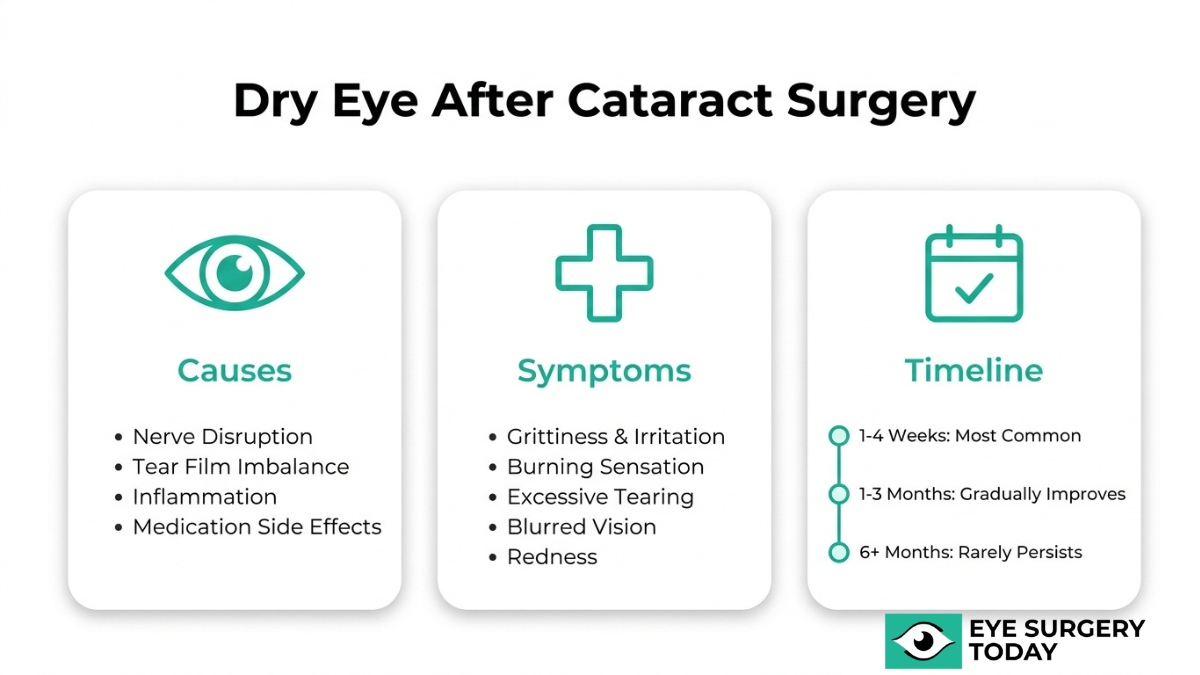 Overview of dry eye after cataract surgery including causes, symptoms, and recovery timeline