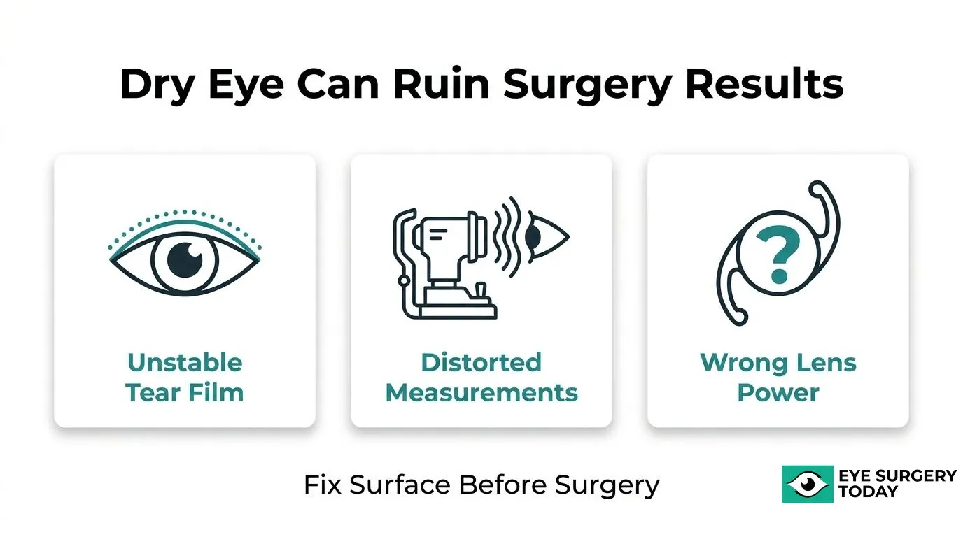 Illustration showing how dry eye may affect cataract surgery measurements through unstable tear film and distorted measurements
