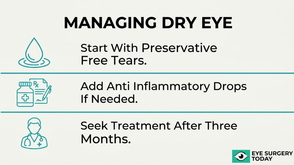 Post cataract surgery dry eye management steps including artificial tears, anti-inflammatory drops, and follow-up care