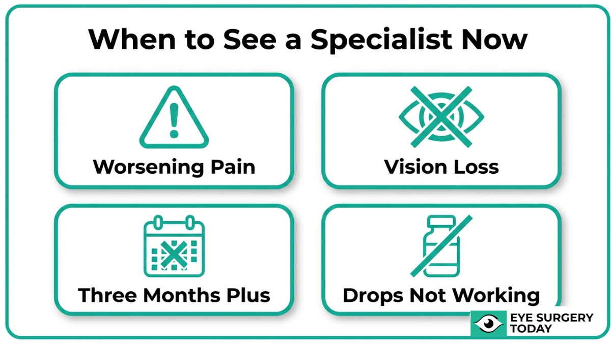 Warning signs to see an eye specialist after cataract surgery including worsening pain, vision loss, ineffective drops, and prolonged symptoms