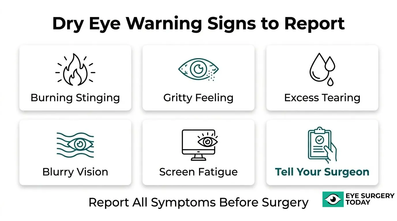 Dry eye warning signs before cataract surgery including burning, stinging, gritty eyes, excessive tearing, blurry vision, and screen fatigue