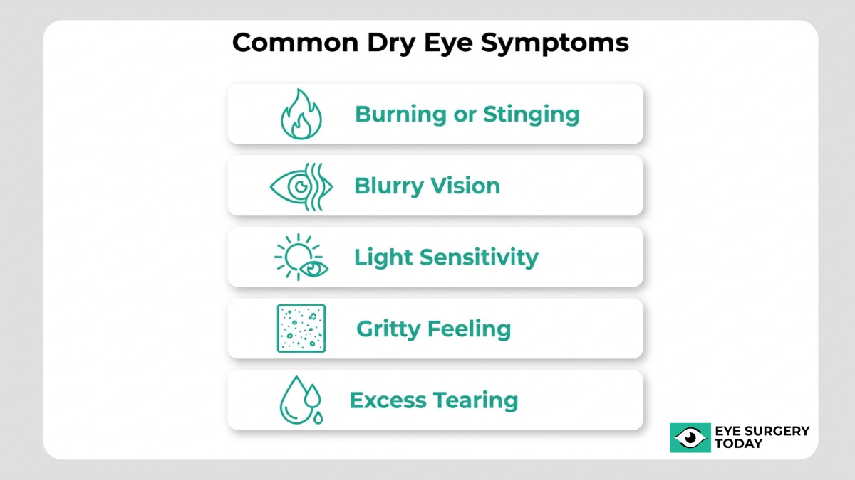 Common dry eye symptoms including burning, blurry vision, light sensitivity, gritty feeling, and excessive tearing
