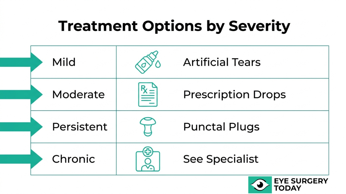 Dry eye treatment options by severity showing artificial tears, prescription drops, punctal plugs, and specialist care