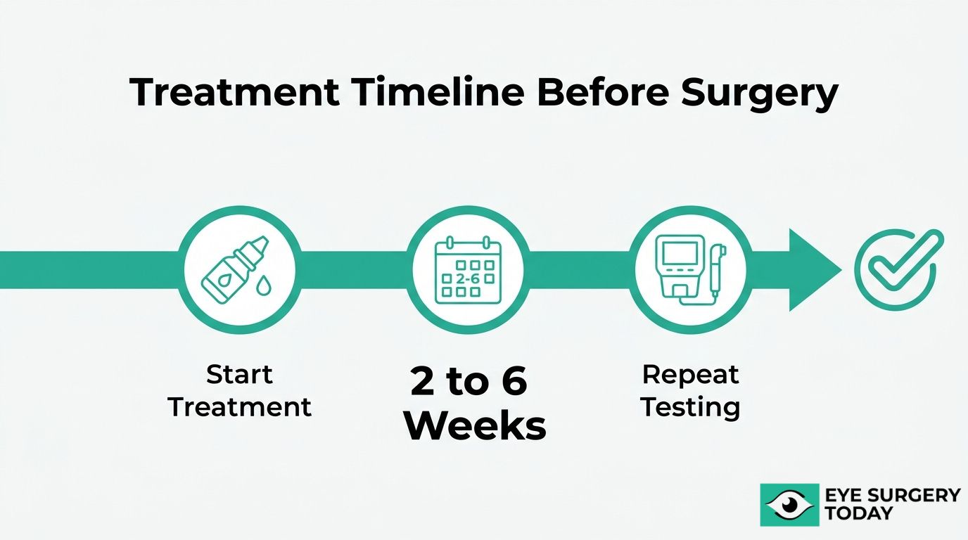 Dry eye treatment timeline before surgery showing treatment start, 2 to 6 weeks of care, and repeat testing.