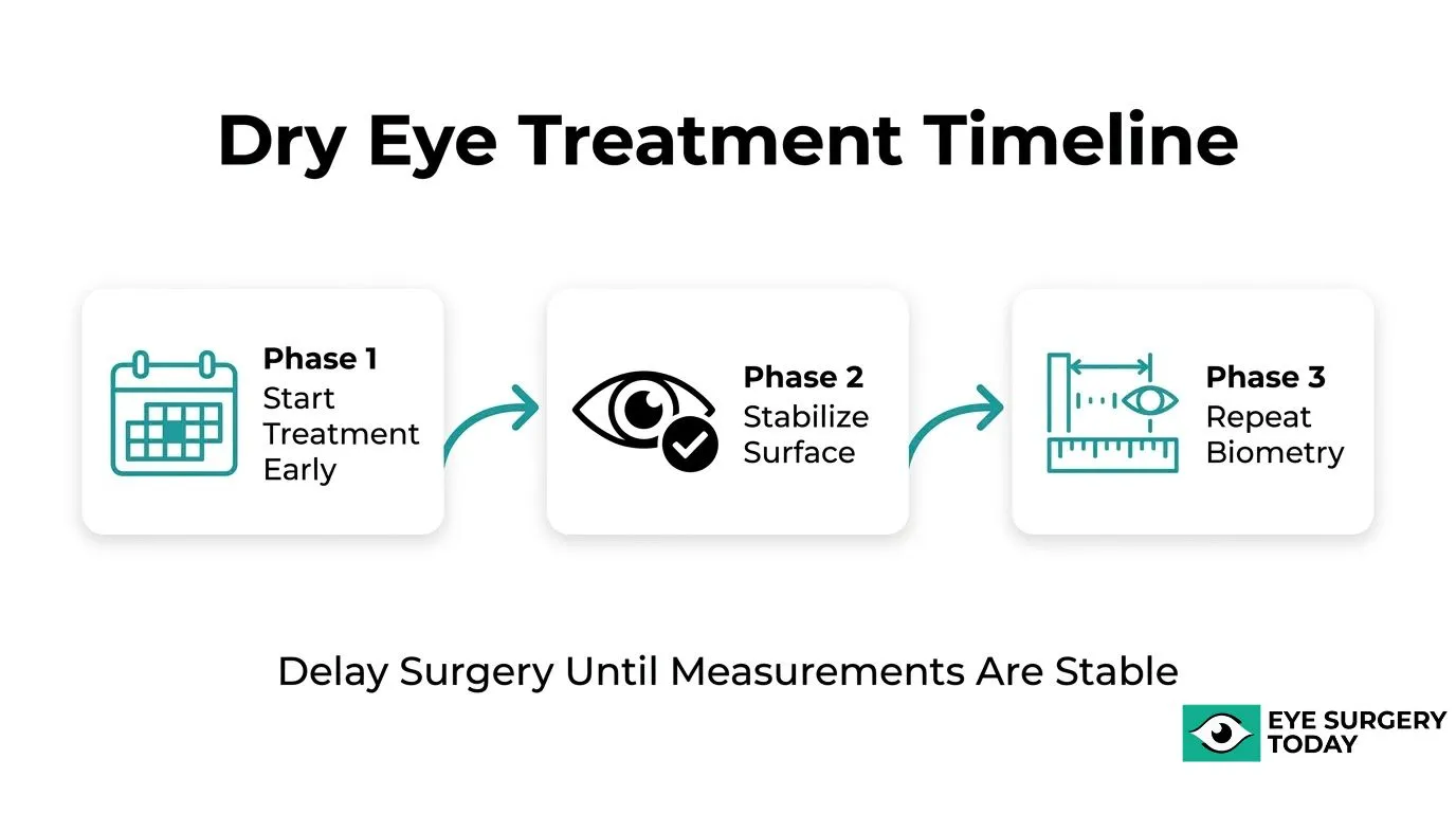 Dry eye treatment timeline showing early treatment, tear-film stabilization, and repeat biometry before cataract surgery