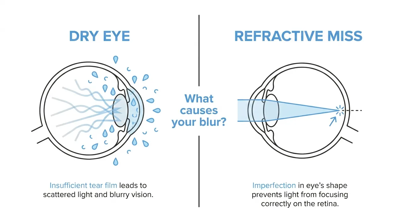 Comparison of dry eye and refractive miss as causes of blurry vision, showing tear film instability versus incorrect light focusing.