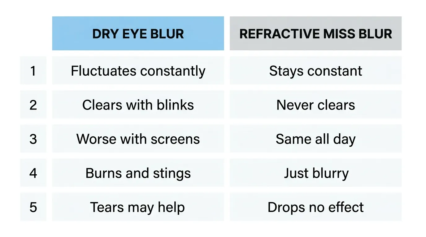 Chart comparing dry eye blur and refractive miss blur based on fluctuation, blinking, screen use, discomfort, and response to eye drops.