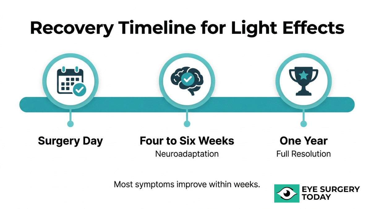 Cataract surgery recovery timeline for visual light effects showing surgery day, neuroadaptation over four to six weeks, and full resolution after one year
