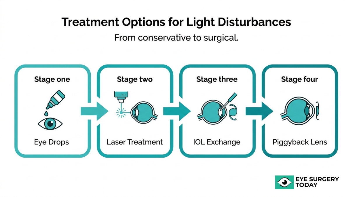 Treatment options for post cataract surgery light disturbances including eye drops, laser treatment, IOL exchange, and piggyback lens procedures