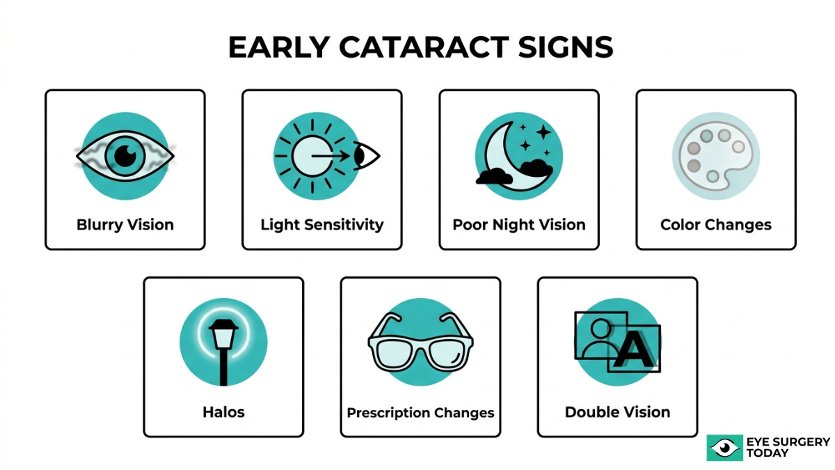 Early signs of cataracts including blurry vision, light sensitivity, poor night vision, halos, color changes, and double vision