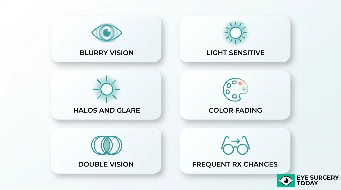 Common cataract symptoms including blurry vision, light sensitivity, halos and glare, color fading, double vision, and frequent prescription changes.