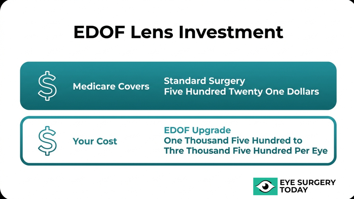 EDOF lens cost comparison showing Medicare coverage for standard cataract surgery and out-of-pocket cost for EDOF lens upgrade per eye