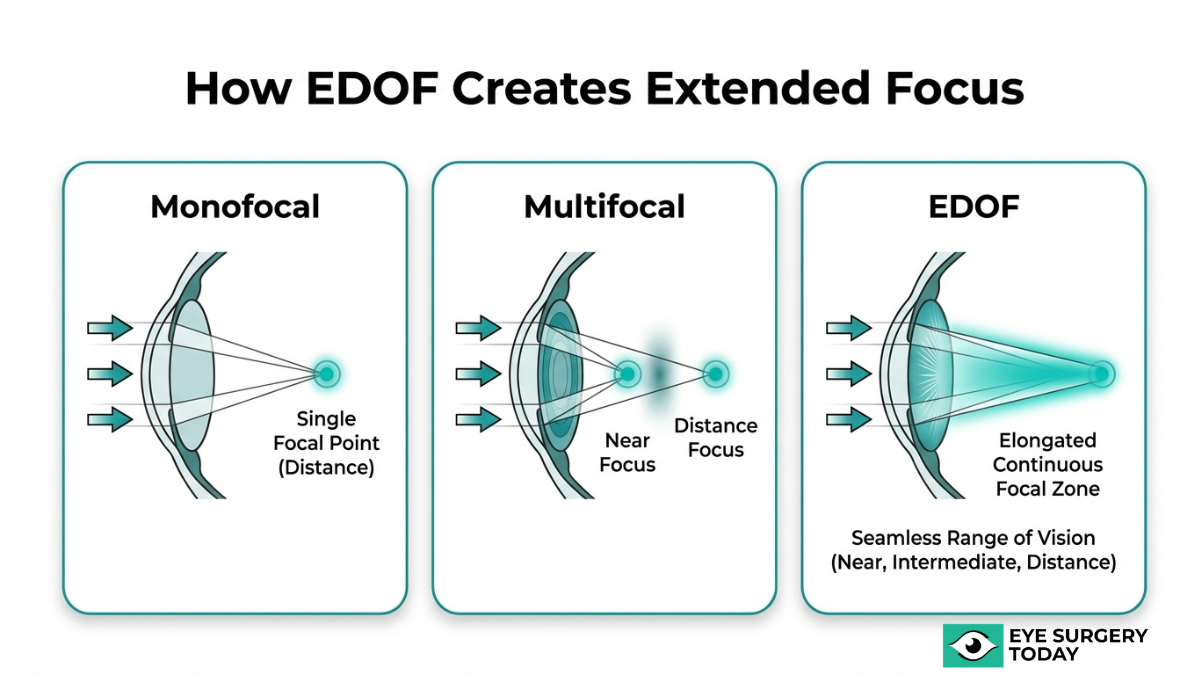 Diagram explaining how EDOF lenses create extended depth of focus compared to monofocal and multifocal lenses for continuous vision range