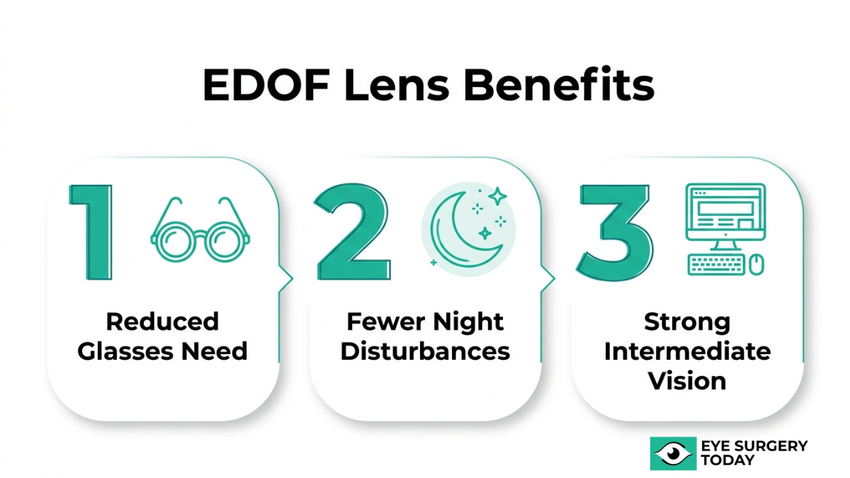 Key benefits of EDOF lenses including reduced need for glasses, fewer night vision disturbances, and improved intermediate vision