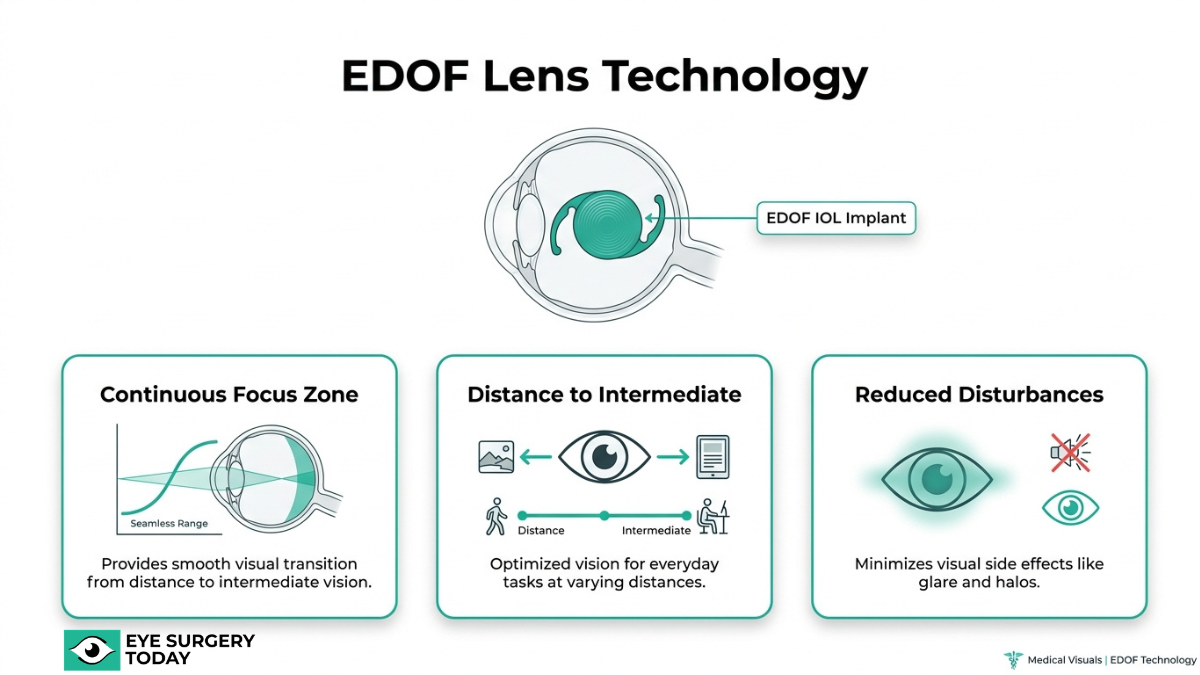 EDOF lens technology illustration showing continuous focus zone, distance to intermediate vision optimization, and reduced glare and halos.