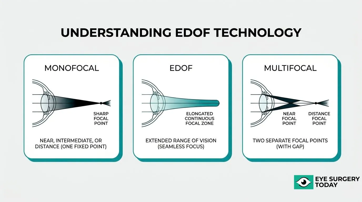 Comparison of monofocal, EDOF, and multifocal IOL technology showing differences in focal points and range of vision