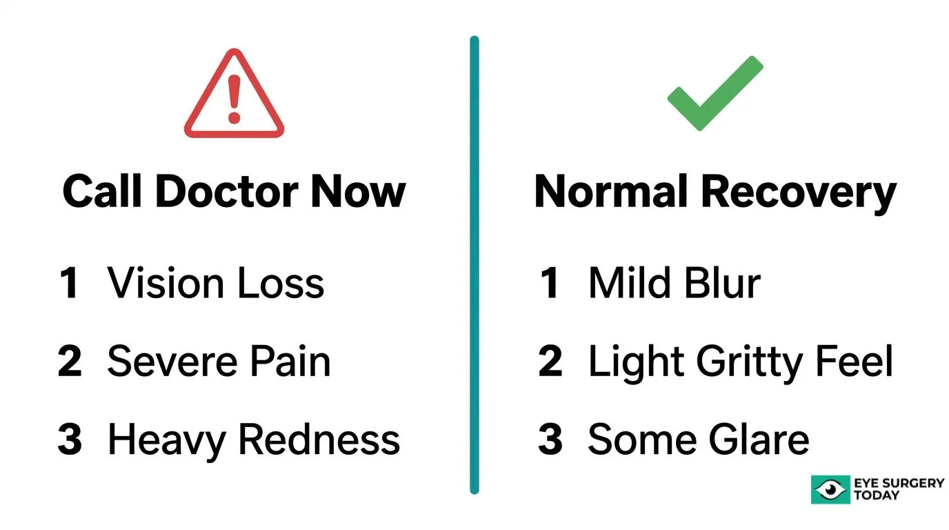 Cataract surgery recovery guide comparing normal symptoms with warning signs that require contacting an eye doctor