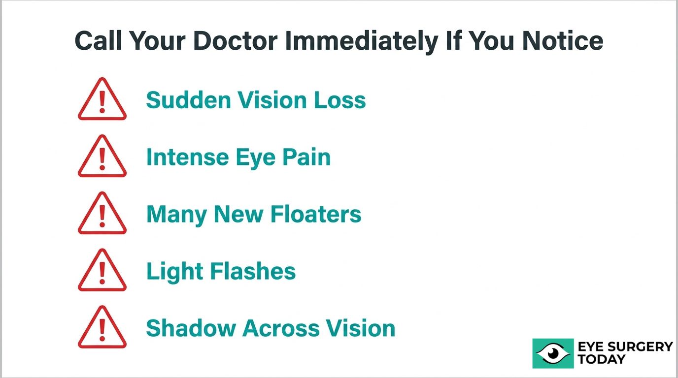 Cataract surgery warning signs graphic advising patients to call a doctor for sudden vision loss, intense eye pain, new floaters, light flashes, or shadow across vision.
