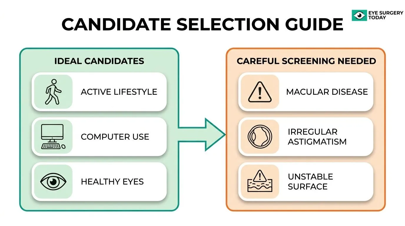 enVista Aspire candidate selection guide showing ideal patients and conditions requiring careful screening before cataract surgery