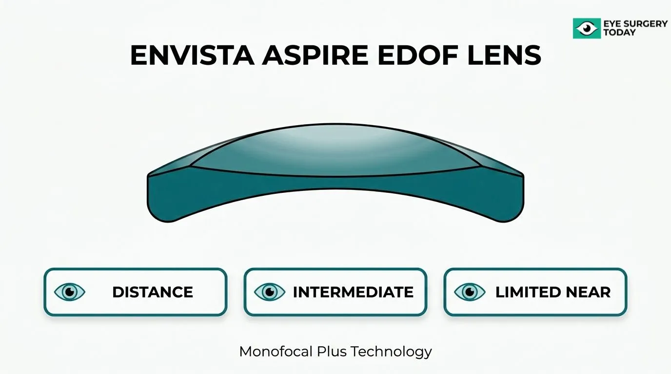 enVista Aspire EDOF lens overview showing distance, intermediate, and limited near vision with monofocal plus technology