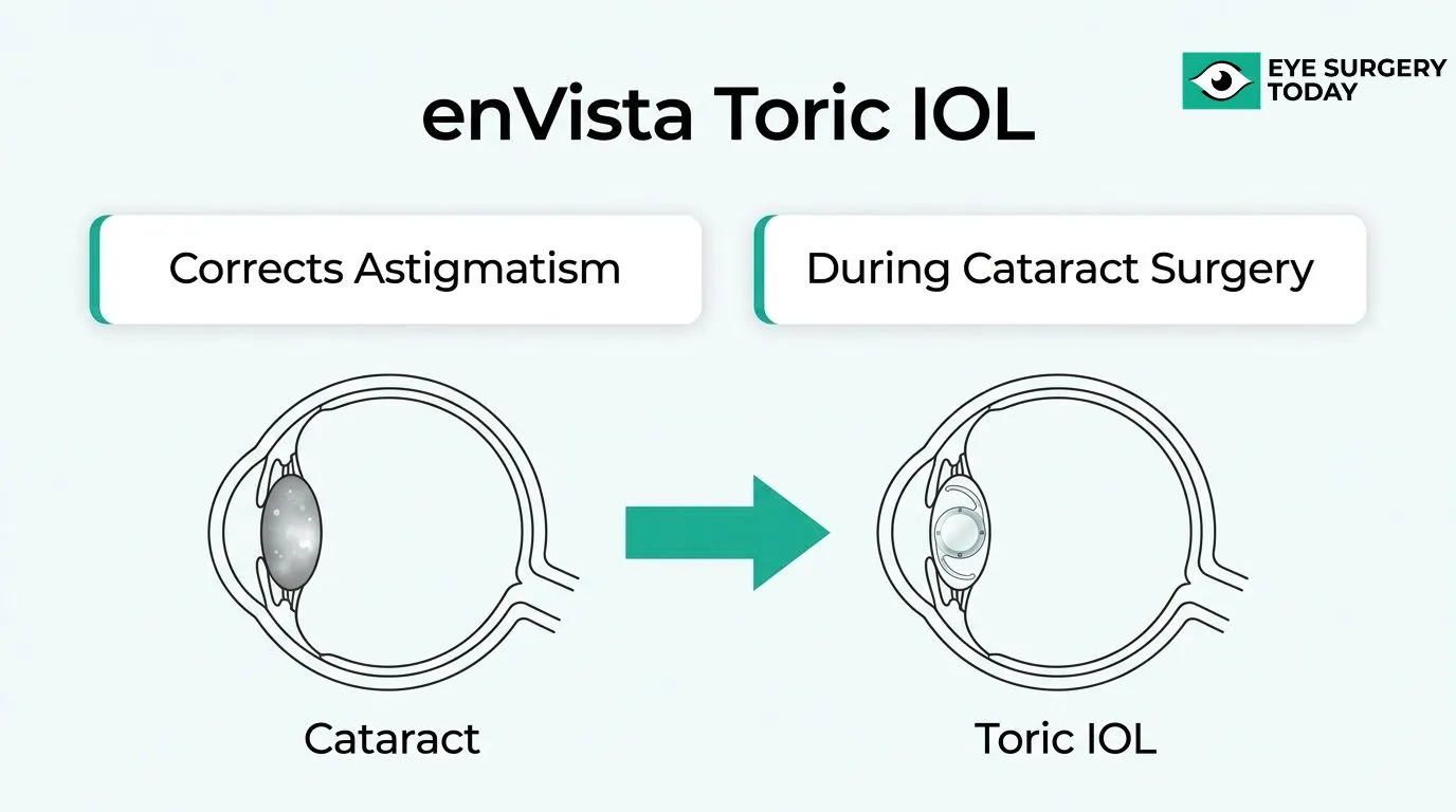 enVista Toric IOL diagram showing how the lens corrects astigmatism during cataract surgery