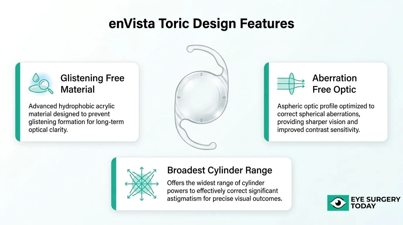 enVista Toric IOL design features including glistening-free material, aberration-free optics, and broad cylinder power range