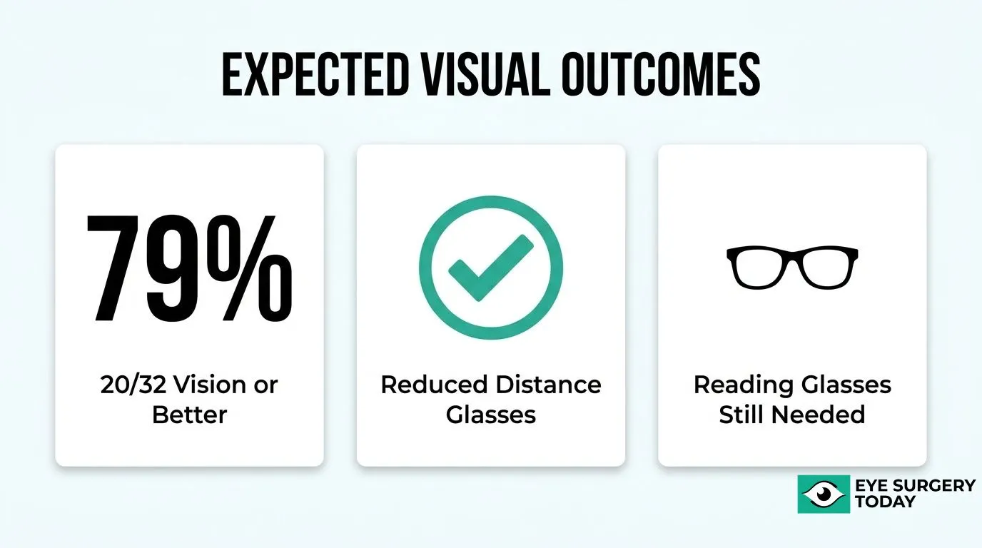 enVista Toric visual outcomes showing 20/32 vision or better, reduced need for distance glasses, and continued need for reading glasses