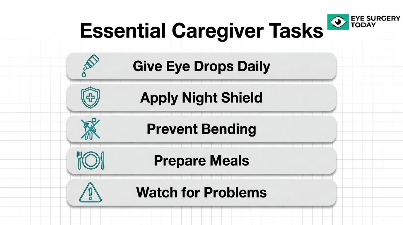 Essential caregiver tasks after cataract surgery including giving eye drops, applying a night shield, preventing bending, preparing meals, and watching for complications.