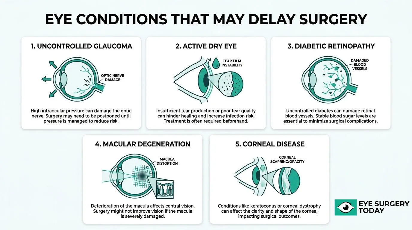 Eye conditions that may delay cataract surgery, including glaucoma, dry eye, diabetic retinopathy, macular degeneration, and corneal disease.