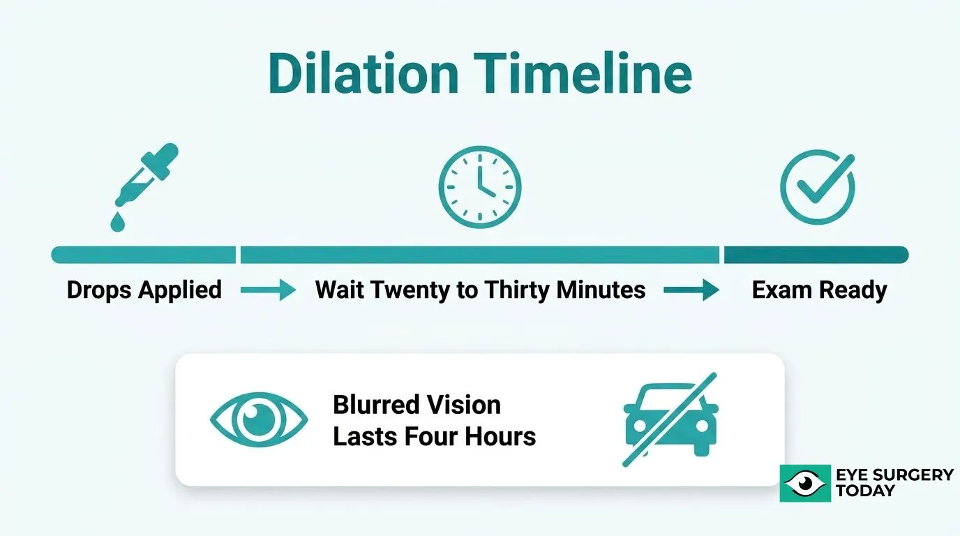 Eye dilation timeline showing application of dilating drops, waiting period, exam readiness, and temporary blurred vision effects.