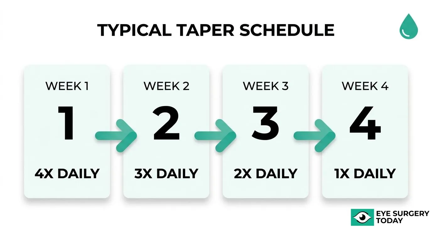 Typical four-week eye drop taper schedule after surgery, decreasing from four times daily in week one to once daily in week four.