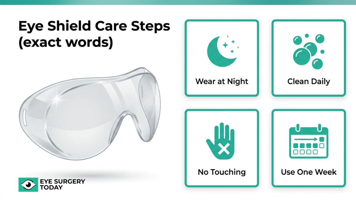 Eye shield care instructions after cataract surgery including wearing at night and cleaning daily