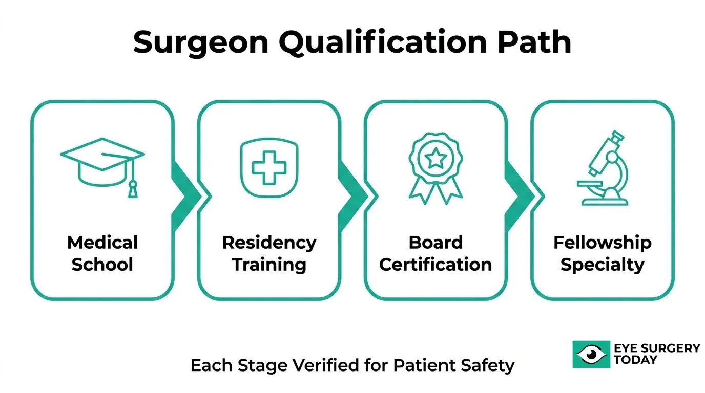 Eye surgeon qualification pathway showing medical school, residency training, board certification, and fellowship specialty as stages of professional training