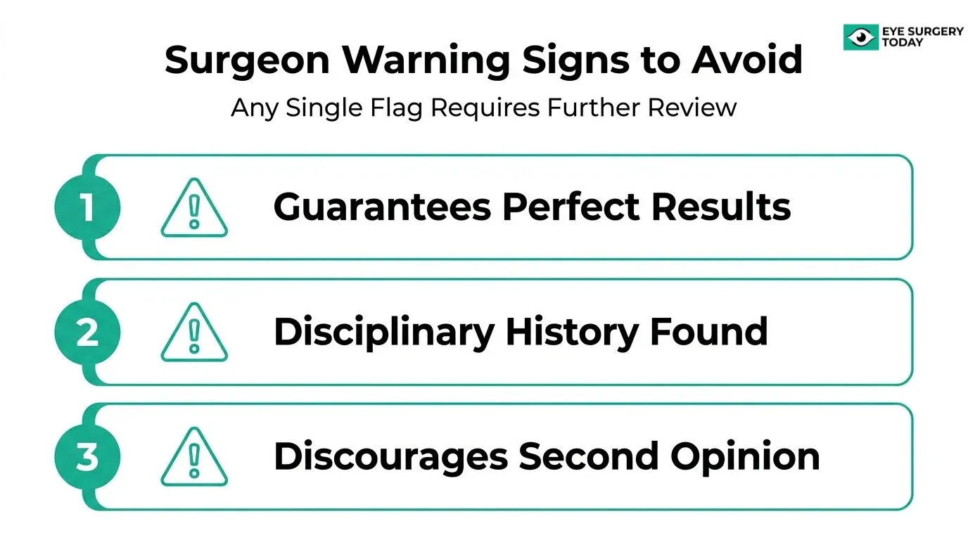 Eye surgeon warning signs to review, including guarantees of perfect results, a disciplinary history, and discouraging patients from seeking a second opinion
