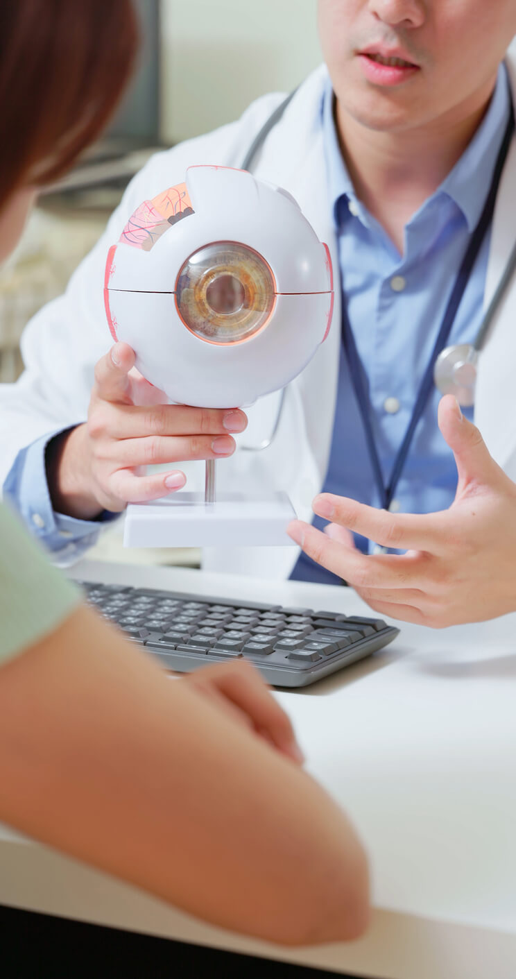 doctor uses eye model to educate patient about eye surgery options