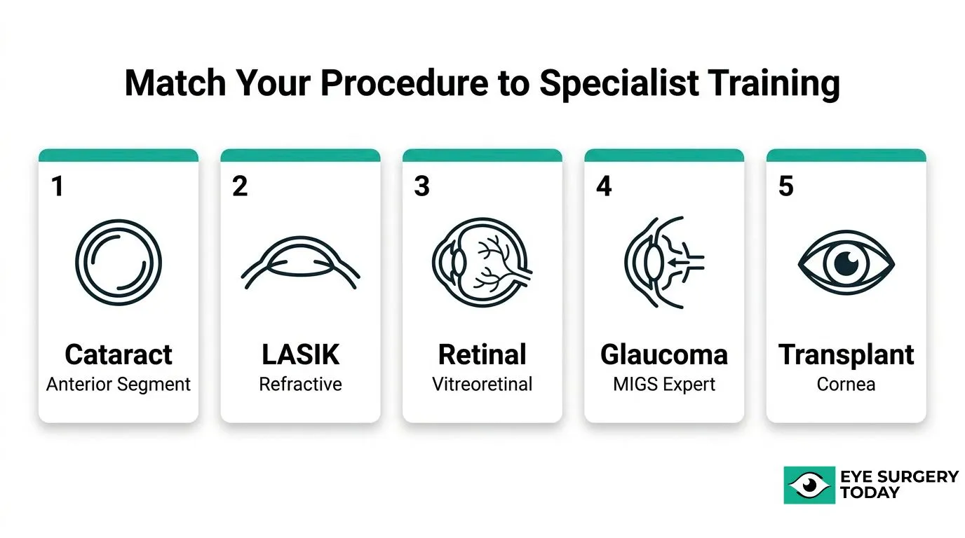 Eye surgery subspecialty matching guide showing cataract surgery with anterior segment expertise, LASIK with refractive expertise, retinal surgery with vitreoretinal expertise, glaucoma with MIGS expertise, and transplant surgery with corneal expertise