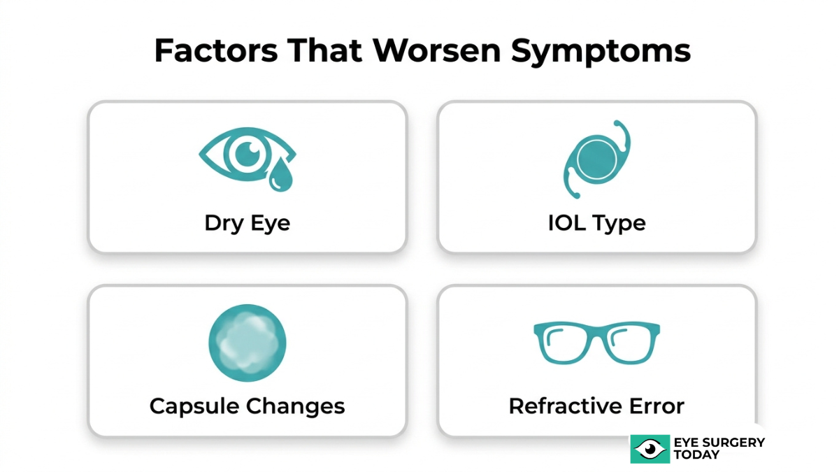 Common factors that worsen post-cataract surgery symptoms including dry eye, IOL type, capsule changes, and refractive error